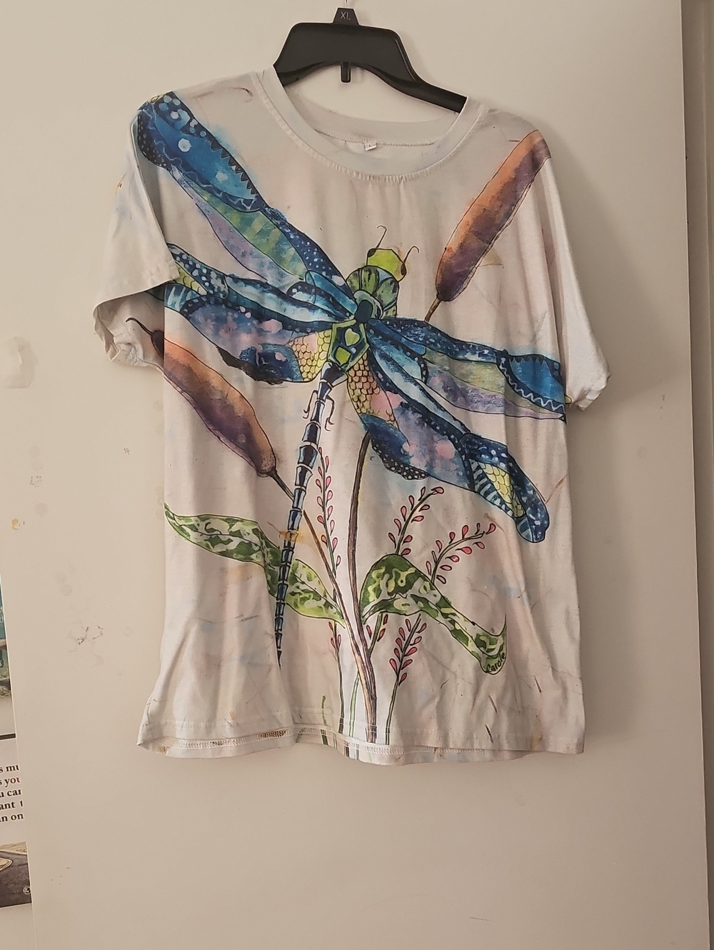 Women's White Short Sleeve Tee with Blue Dragonfly Graphic